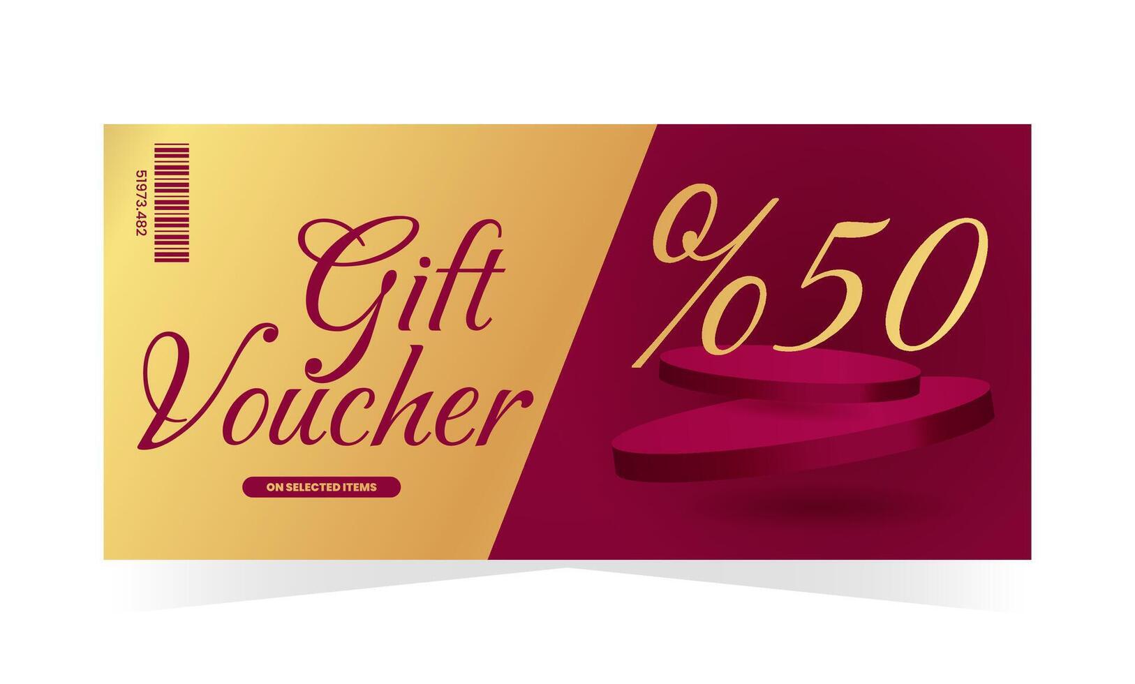 Gift voucher template with red background, luxury podiums and golden text. Elegant promotion design. illustration for spa, fashion, lifestyle, luxury vector