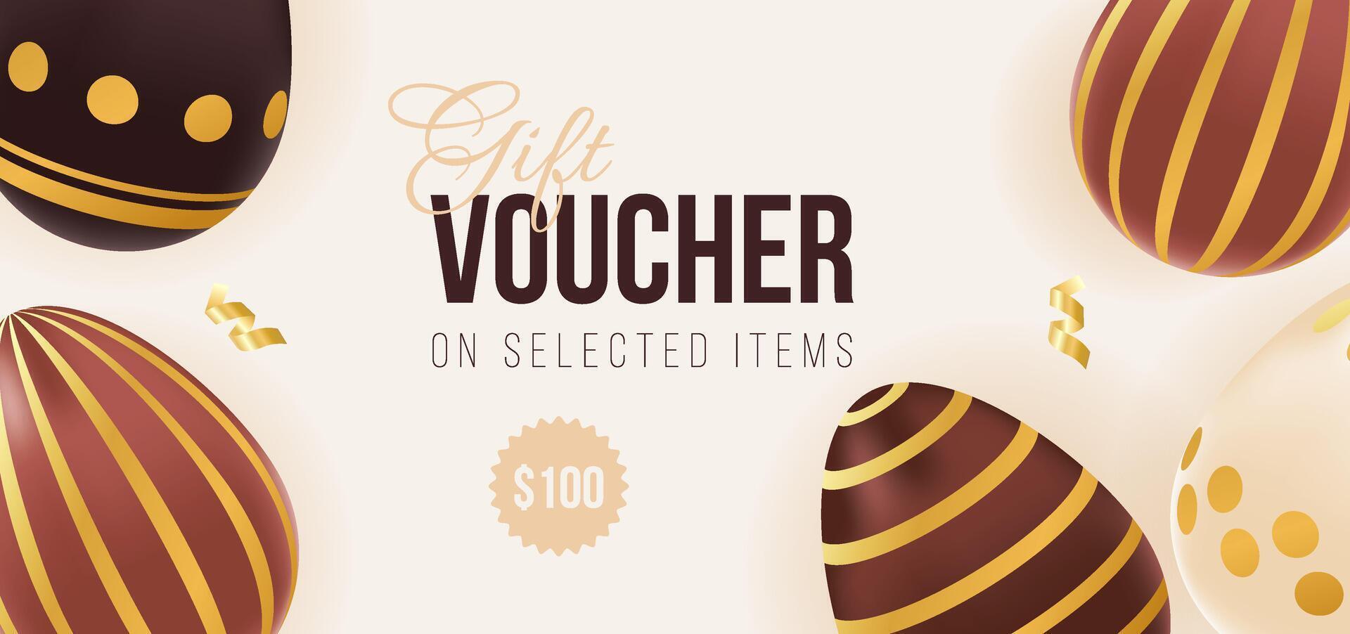 Gift voucher for Happy Easter holiday. Template of promotion and shopping with chocolate gold eggs. illustration for ad, promotion, flyer, discount, advertisement vector