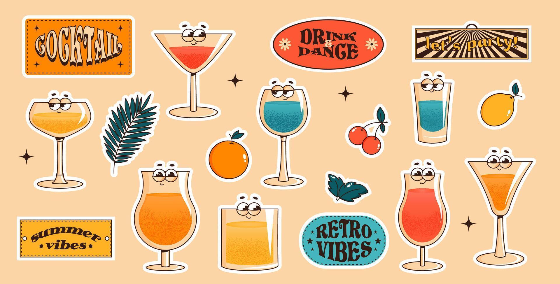 Groovy characters cocktail and fruits stickers, labels. Collections of logos and signs for cafes, lounges. Summer retro illustrations 70s, 80s style vector