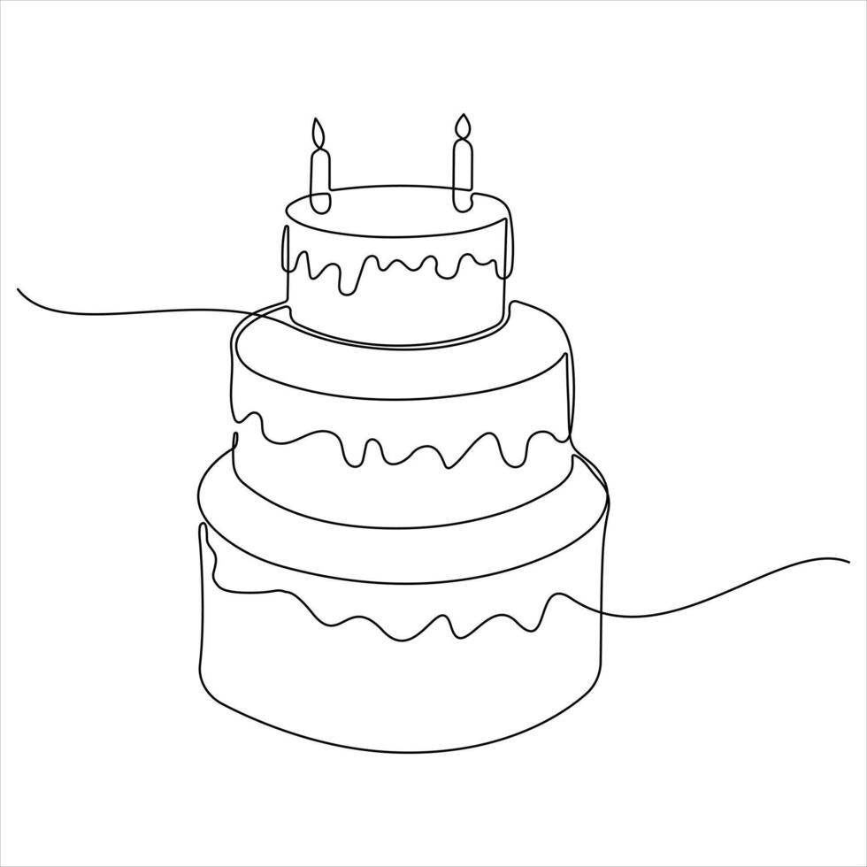 Single continuous line drawing of birthday cake with candles party anniversary and celebration concept outline style design illustration vector