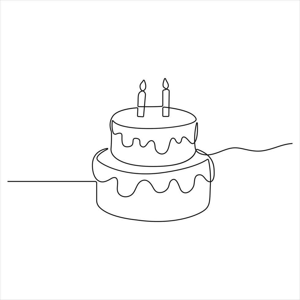 Single continuous line drawing of birthday cake with candles party anniversary and celebration concept vector