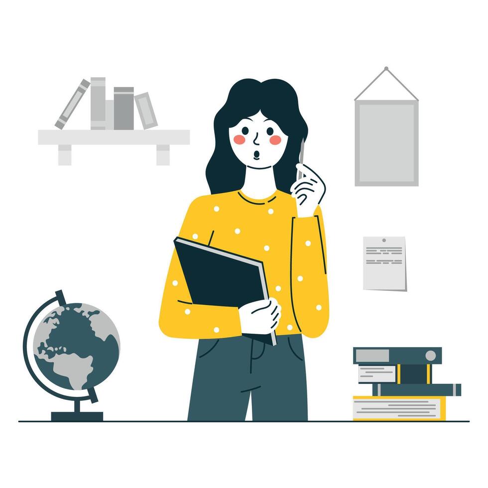 A flat character, a student girl with a magazine in her hands, who found the answer. Globe, books, notes vector