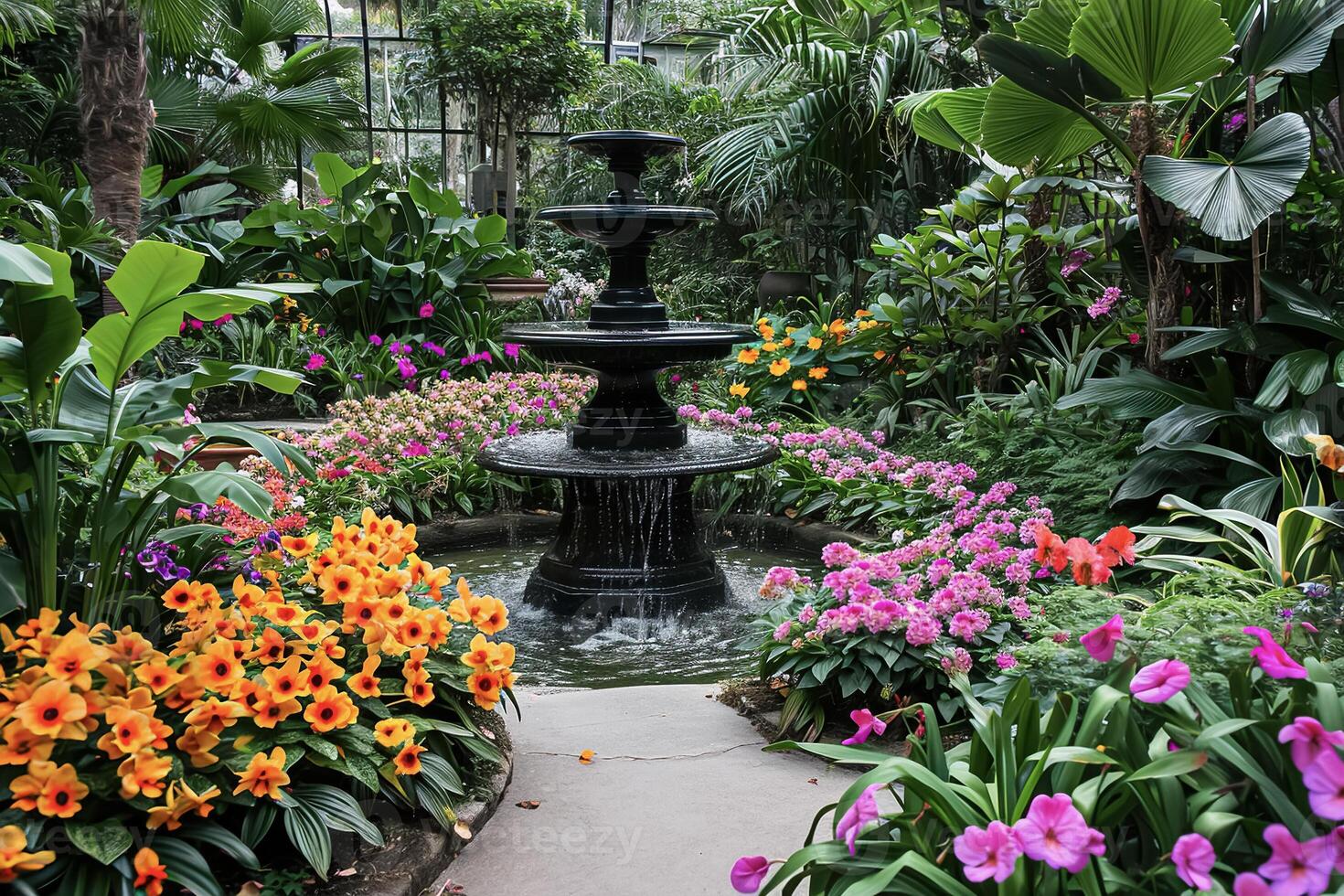 A fountain surrounded by flowers in a garden photo