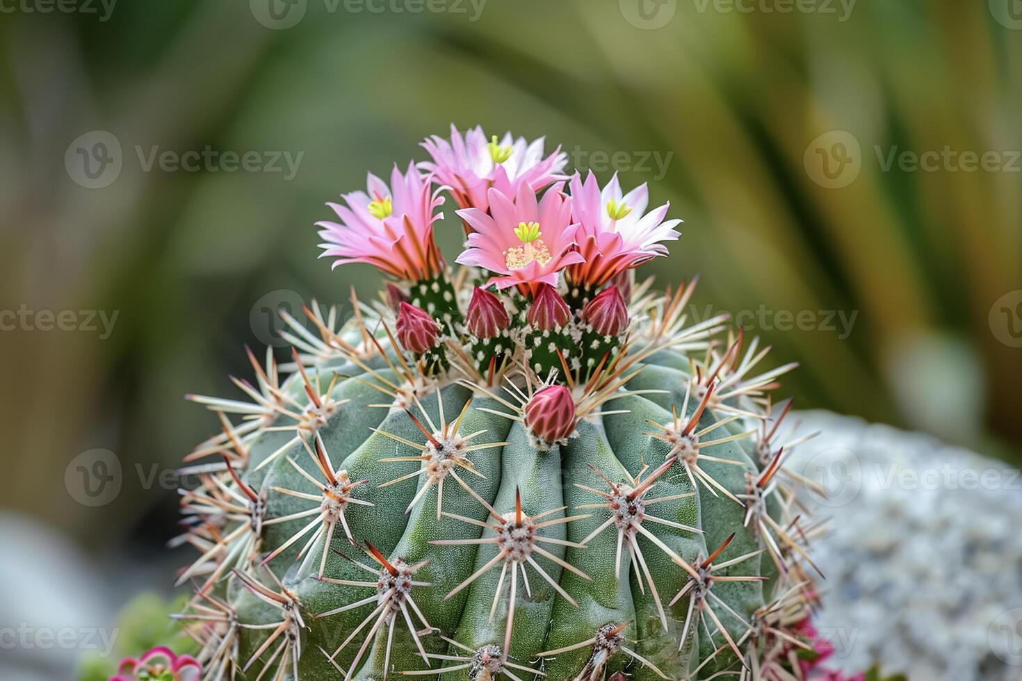 A cactus plant with pink flowers in the middle of a rock photo