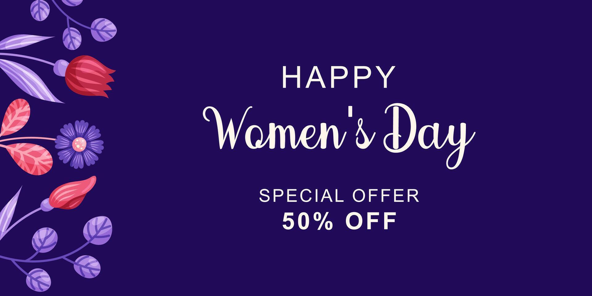 March 8 Women's Day horizontal banner with flowers from left edge. Simple cute greeting card on dark background. illustration. vector