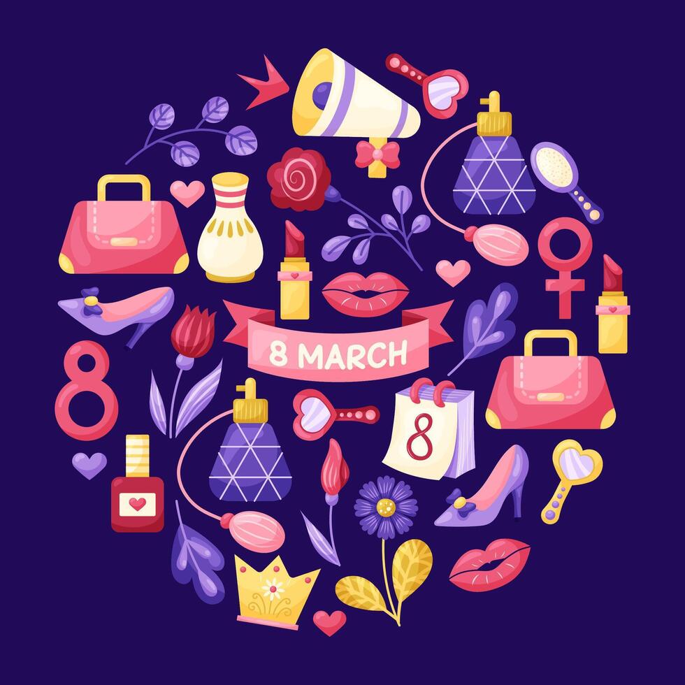 March 8 Women's Day round Illustration Set. Elements for design on dark background. Isolated illustration. vector