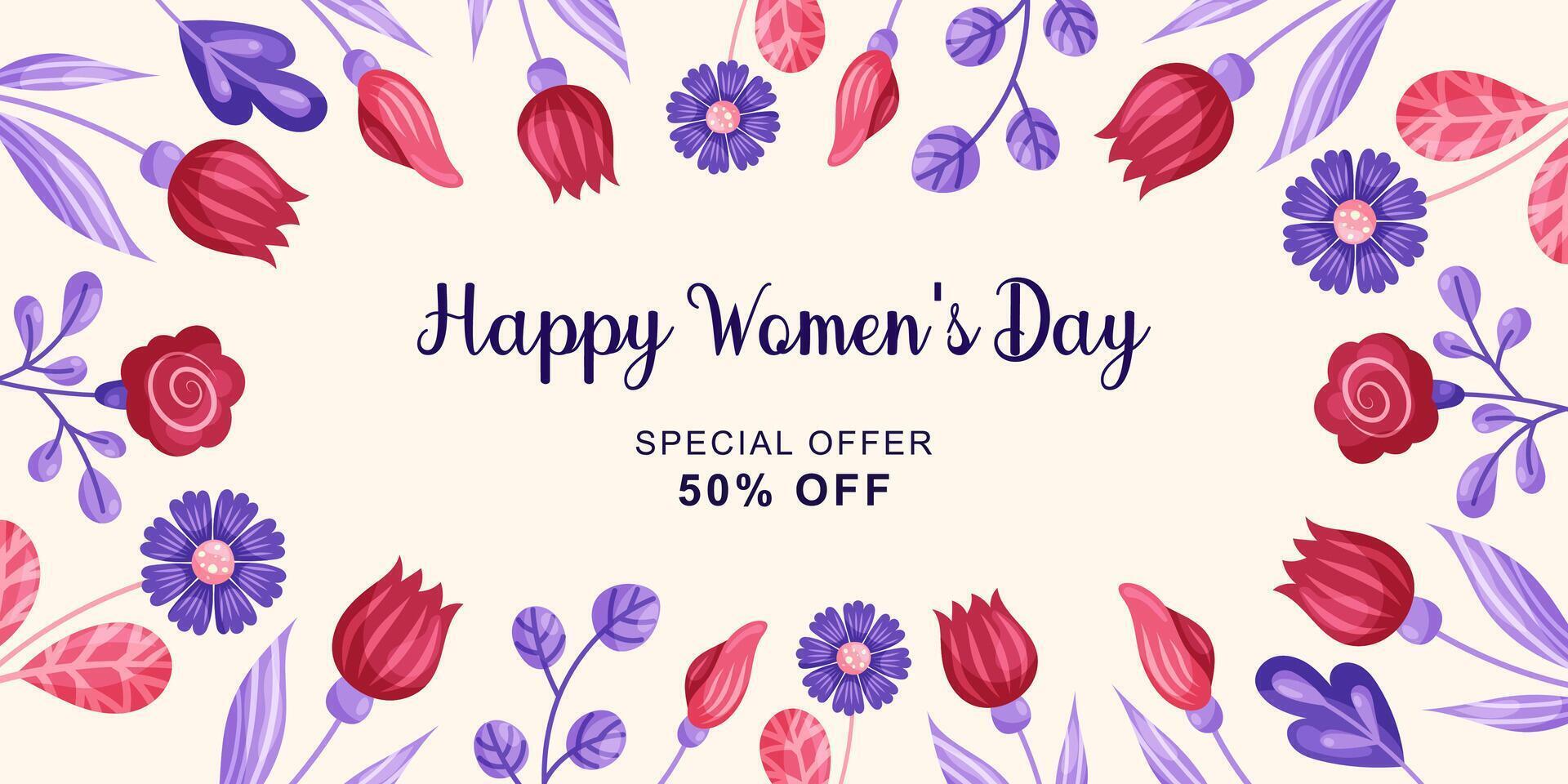 March 8 Women's Day horizontal banner with flowers. Simple cute greeting card on beige background. illustration. vector