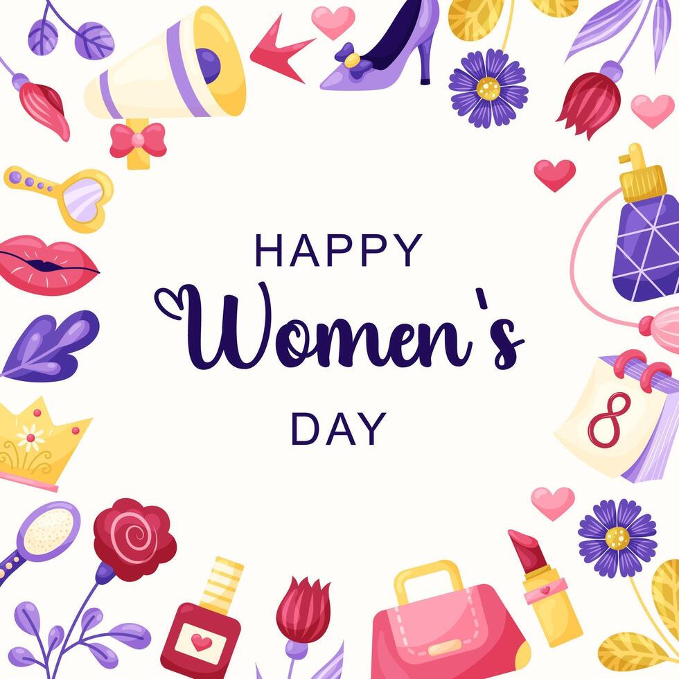 March 8 Women's Day Round frame. Different Elements on white background. illustration. vector