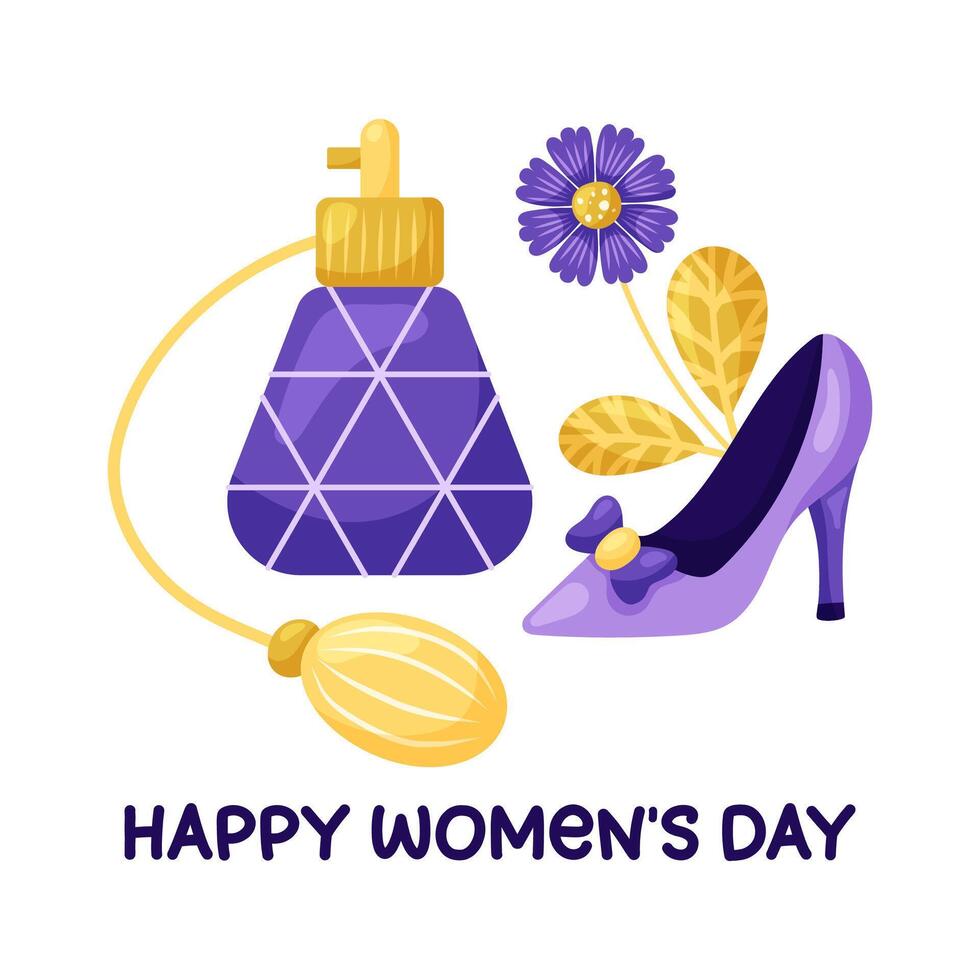 Happy Women's Day Card with perfume and Heeled Shoe. Simple cute greeting card. illustration. vector