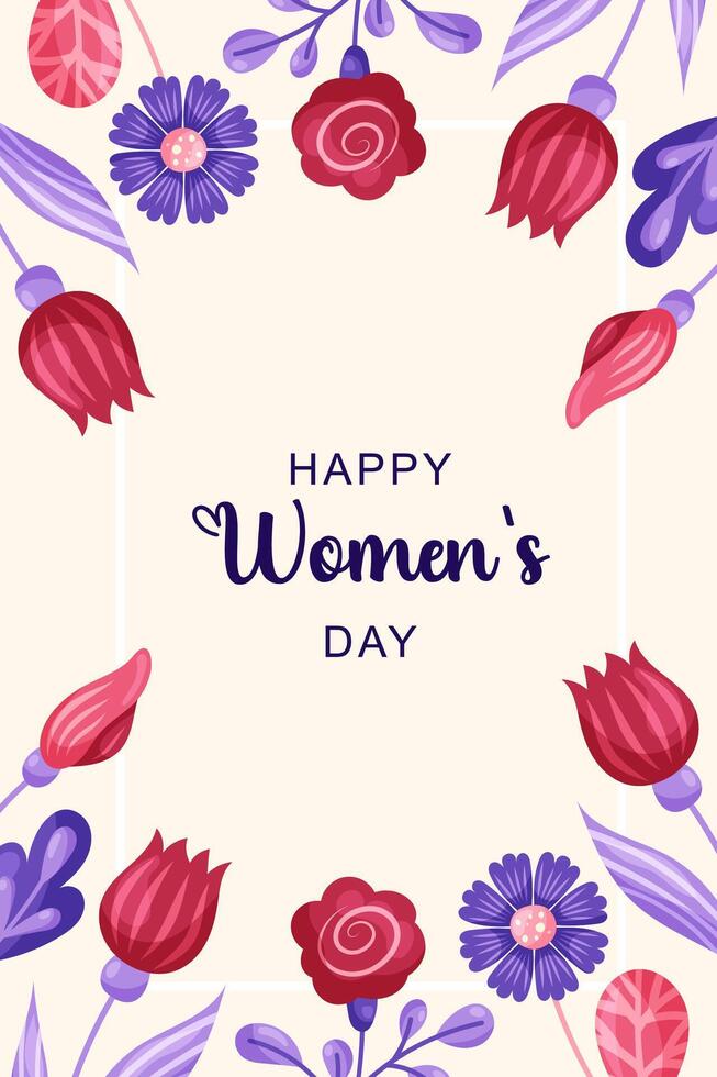 Cute pink floral poster for March 8 Women's Day holiday. Design with flowers frame and text on beige background. illustration. vector