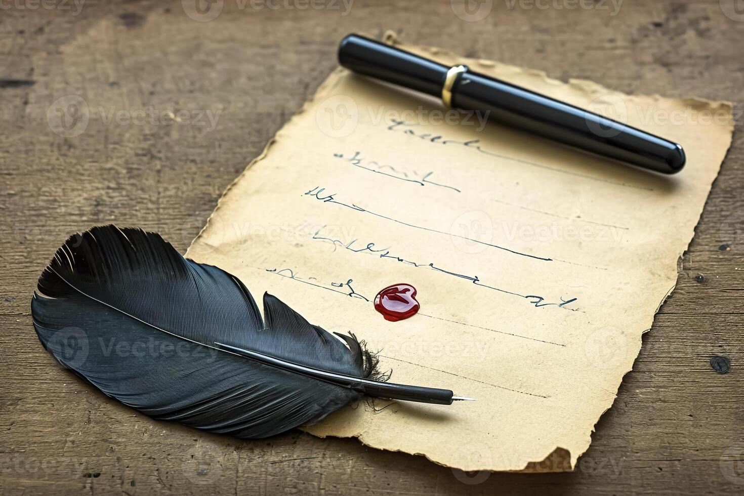 A quill, ink and a feather on a piece of paper photo