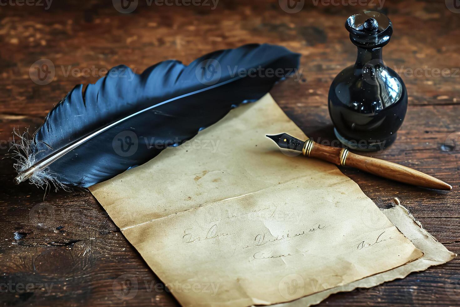 An old paper with a quill and ink bottle on a wooden table photo