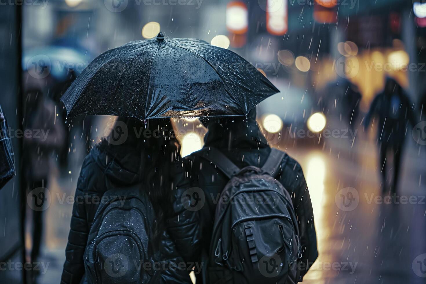 Two people walking in the rain with an umbrella photo