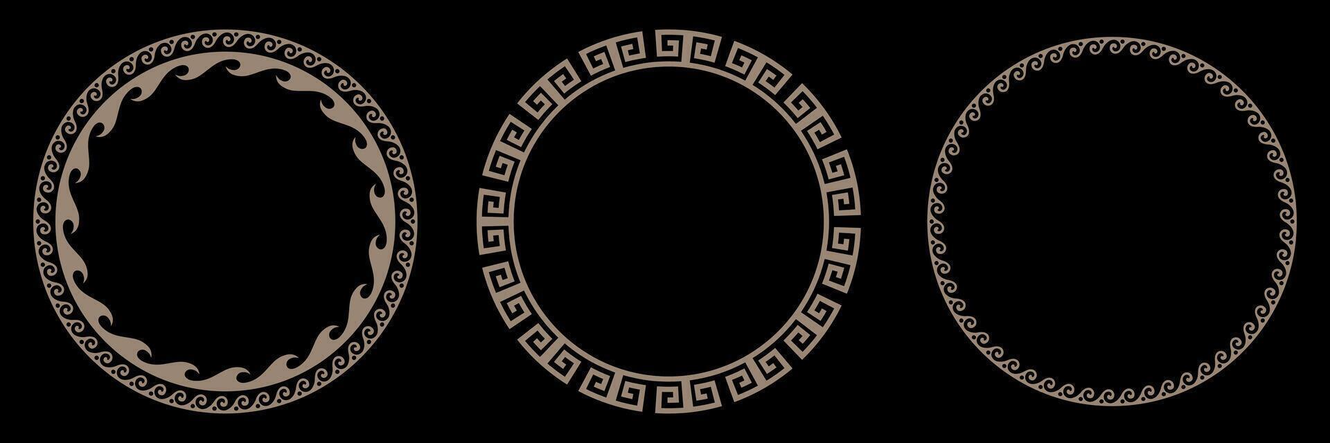 Collection of round gold frames with Greek meander ornaments. Circle gold frame. Template for cards, invitations, textiles, engraving, wooden furniture, forging, ceramic, plate, medallion, porcelain vector