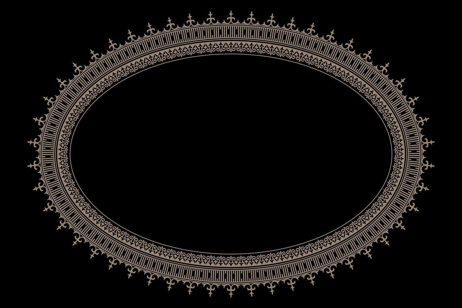 Oval decorative gold frame with arabesques and floral ornaments on black background. Ethnic Elegant gold oval element for design in Eastern style for ceramic, porcelain, embroidery, sandblasting vector