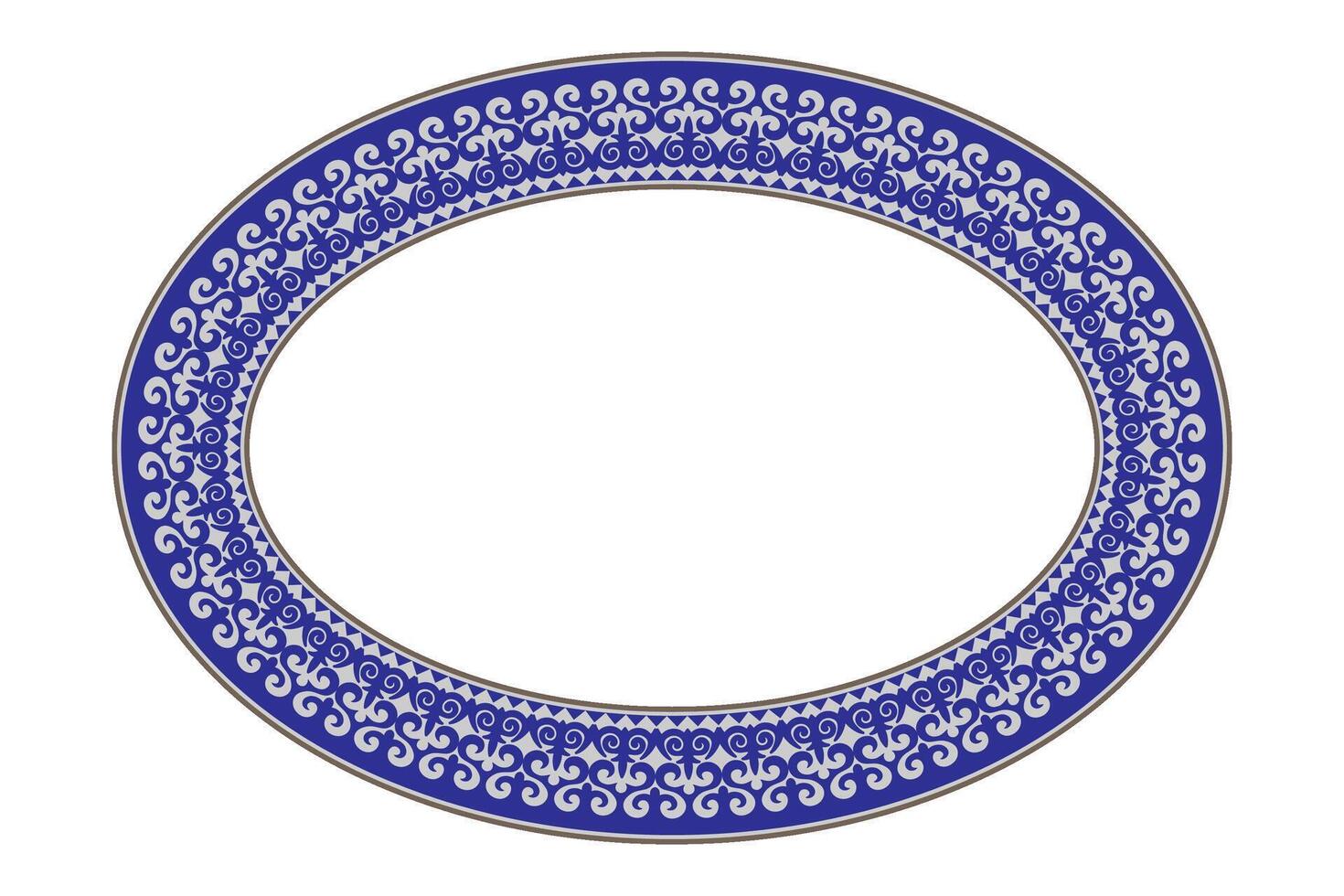 Blue Islamic Asian Oval porcelain plate on a white background. Kazakh pattern frame, border, decorative ornament of the Kazakh, Kyrgyz, Mongol, Tatar, Uzbek, Tajik. For plates, textiles, print design vector