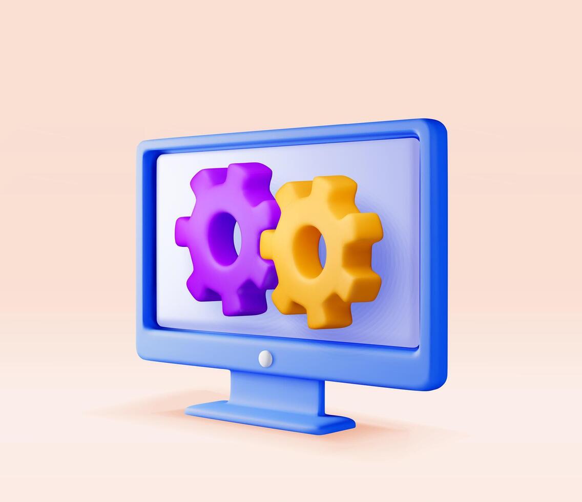 3D computer with gears on screen isolated. Render desktop pc with cogwheel icon. Settings, options and tools. Programming, coding, development, service and repair concept. vector