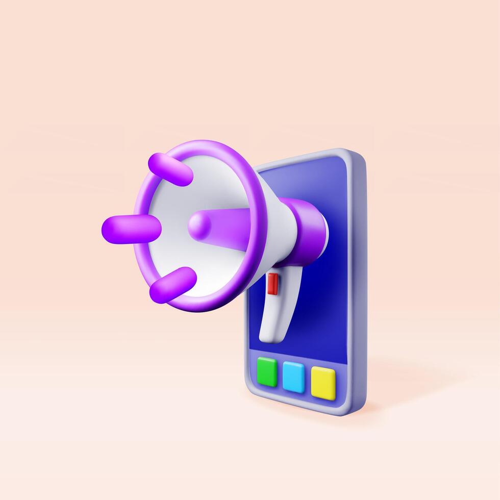 3D megaphone in smartphone isolated. Render plastic megaphone realistic and phone. Modern bullhorn or loudspeaker. Social media, announcement message, marketing, job, attention vector