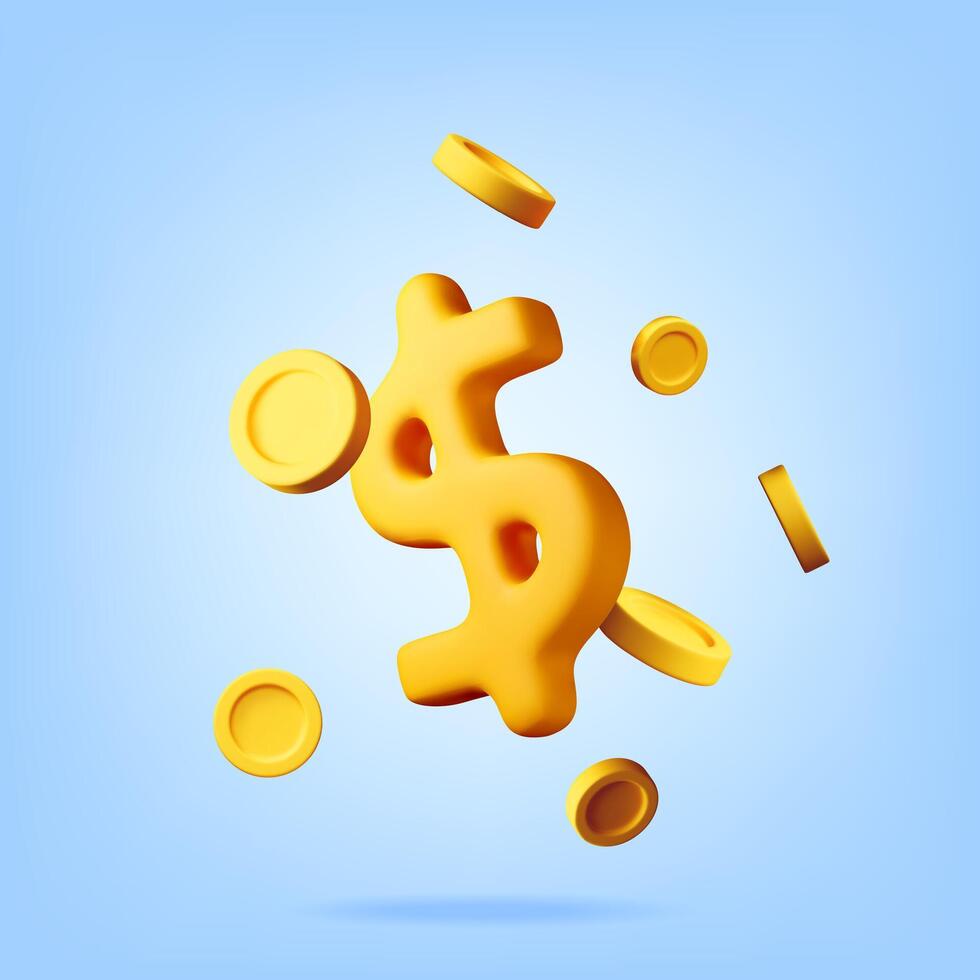 3d falling gold coins and dollar sign, money rain. Render golden coins. Rotating empty golden money sign vector