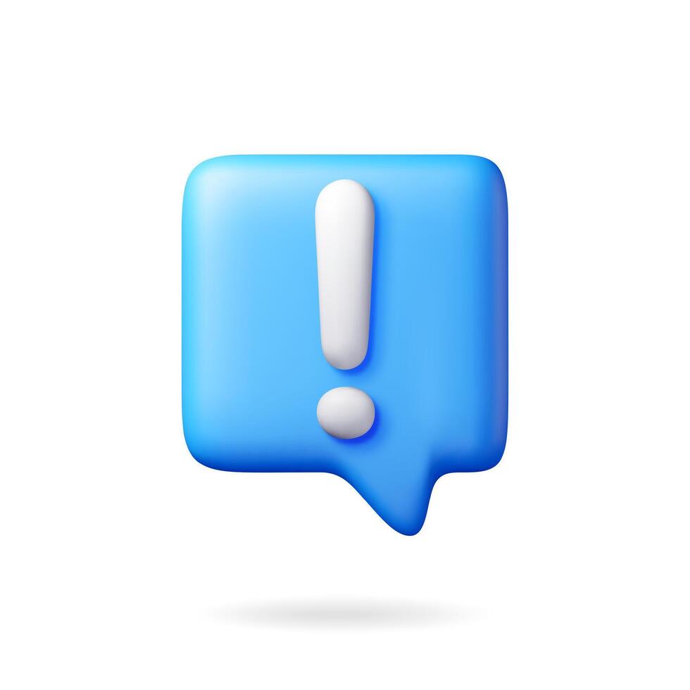 3D exclamation mark in white square chat bubble isolated. Attention chat speech bubble icon. Alert and alarm symbol. Social media network notification reminder. vector