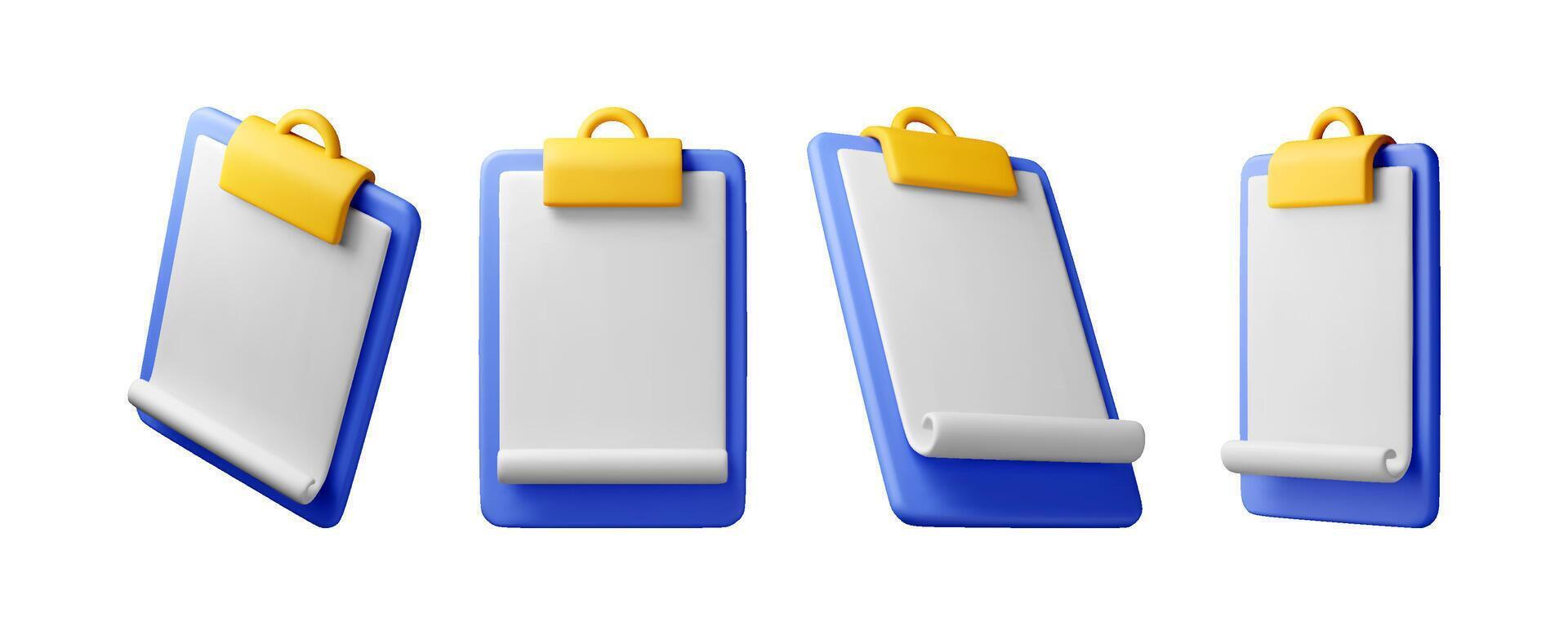 3d set of clipboard with empty paper sheet isolated on white. Clipboard render with white paper. Folder for documents with golden clip. Office stationery or paperwork concept. vector