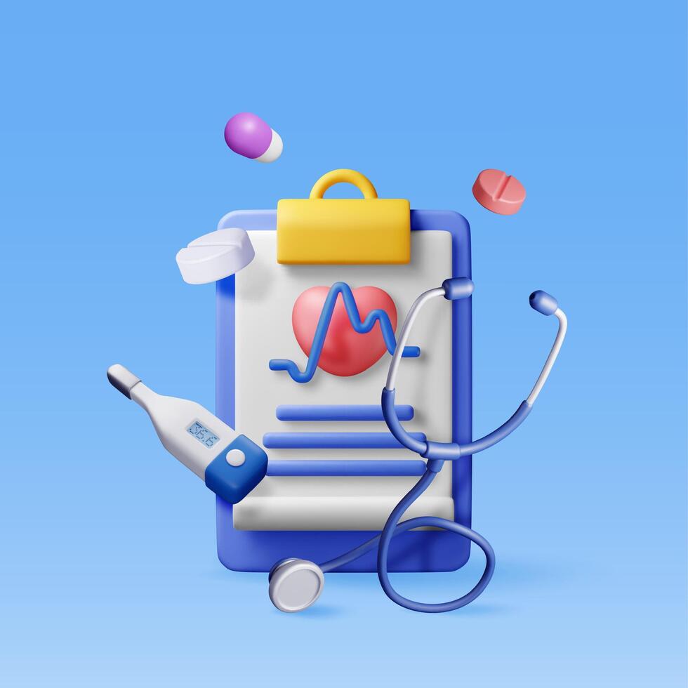 3d clipboard with medical check, stethoscope and pills. Render first aid report with check list for health. Health checkup concept. First aid, pharmacy, drug store vector
