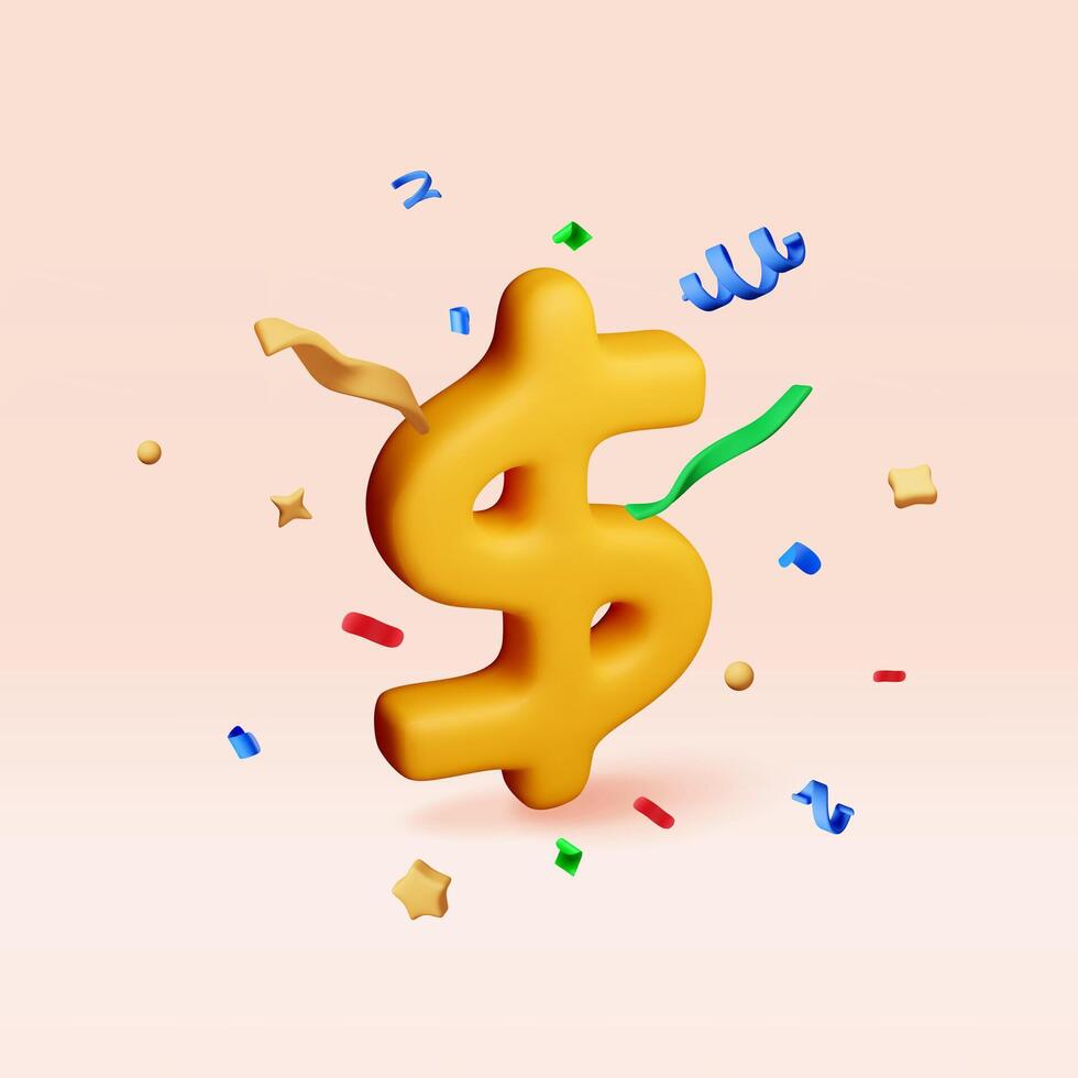 3D USA dollar symbol in color confetti. Render American financial sign in ribbon explosion. Yellow icon of money dollar. Profit, richness, wealth. Money currency US cash label. vector