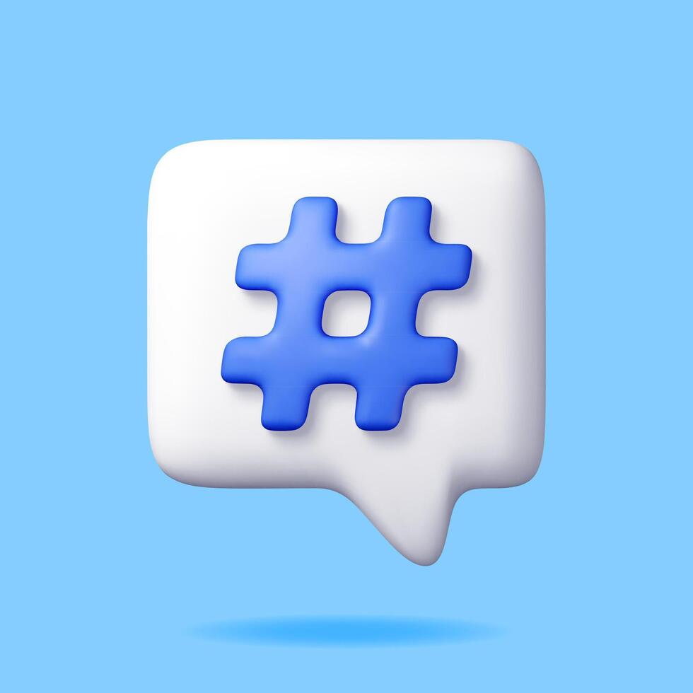 3D Hashtag icon on speech bubble isolated. Render hash tag icon for social media. Chat message, communication, ad, search and online community. Blog and social network vector