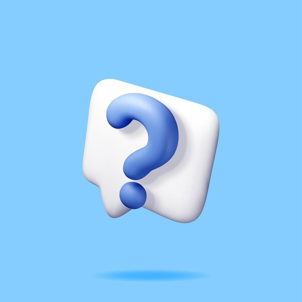 3D speech bubble with question mark isolated. Render question symbol. Square realistic icon. Concept of FAQ, support and help vector