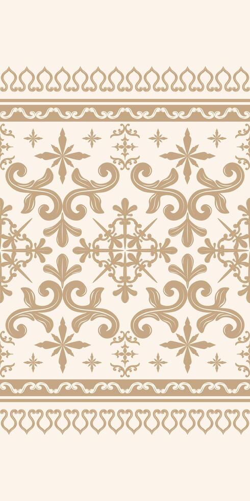 Luxury Ornate Scroll Golden Silk Brocade on Light Beige Background Patter Lace Detailed And Rich Border Seamless for Delicate and Wealth Decoration. Classy Gold Stripe Stars and Florals with Nature vector