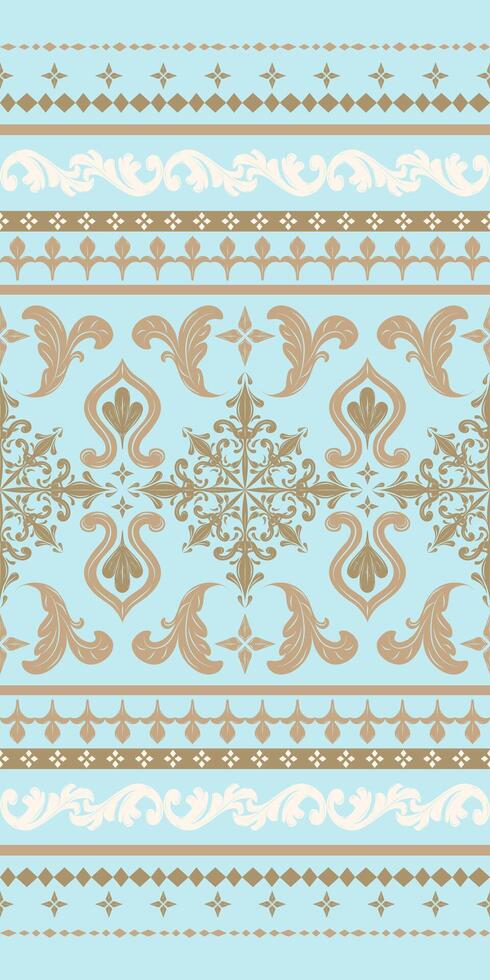 Classy Flawless Bright Sky Background Traditional Twist The Victorian with Gold and Beige Embroidery Pattern. Fleur de lis Seamless Border. Rich Opulence Mood for Luxury Men Attire, Decoration. vector