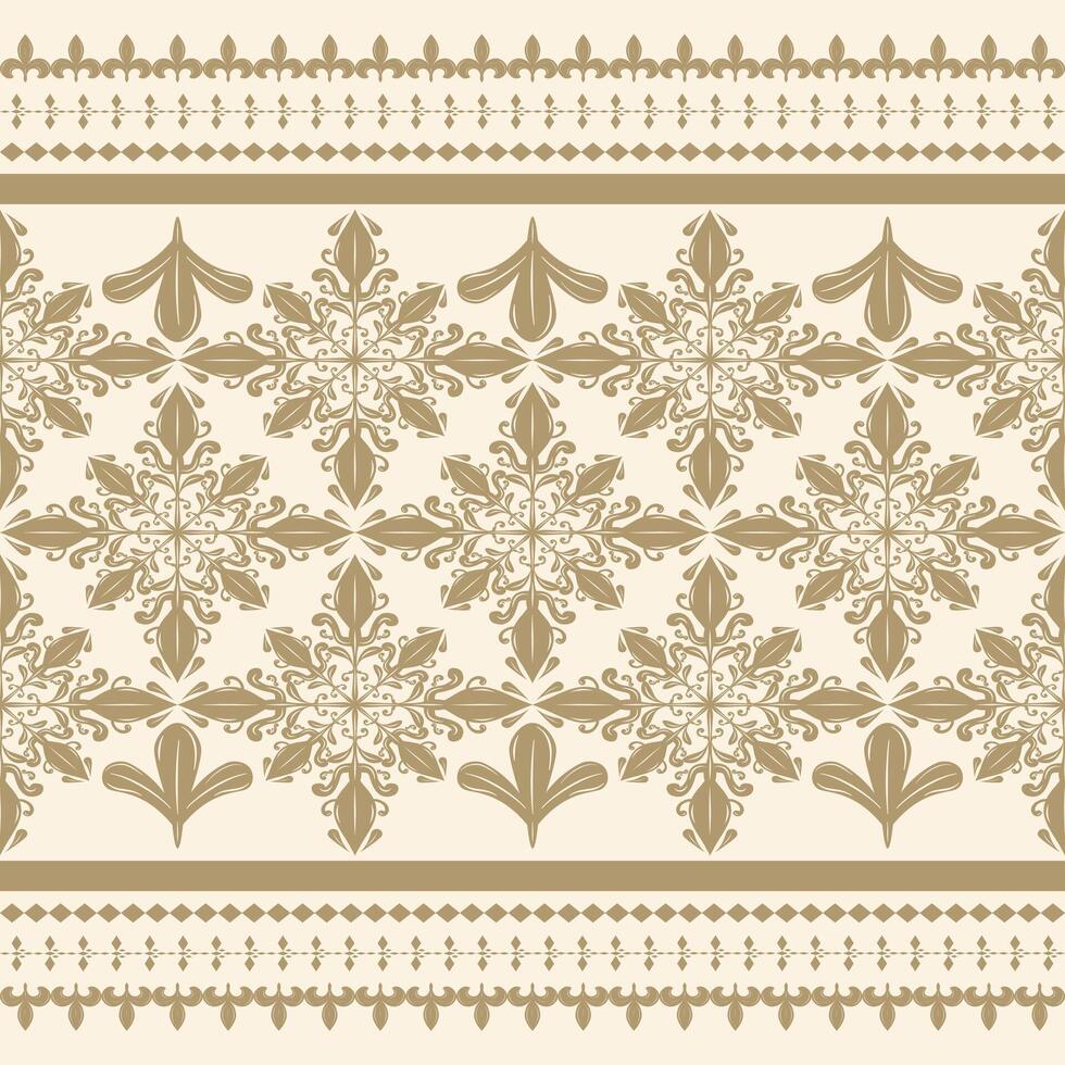 Elaborate Royal Golden Silk Weaves Embroidery Florals Pattern on Beige Background. Detailed Blooming Fleur de lis Petals Border Seamless Lace. Luxury Haute Couture Design for Elegance Rich Texture vector