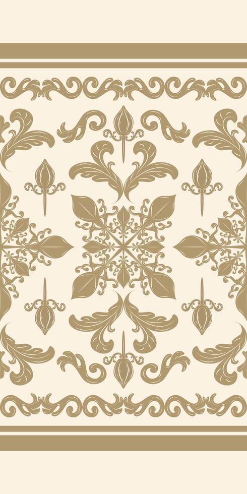 Royal Scroll Ornament Weaves Detailed Embroidery Golden Silk on Light Cream Background. Nature inspired Fleur de lis Cross Florals Leaves Buds Decoration Luxury opulence Border Pattern Seamless Lace vector