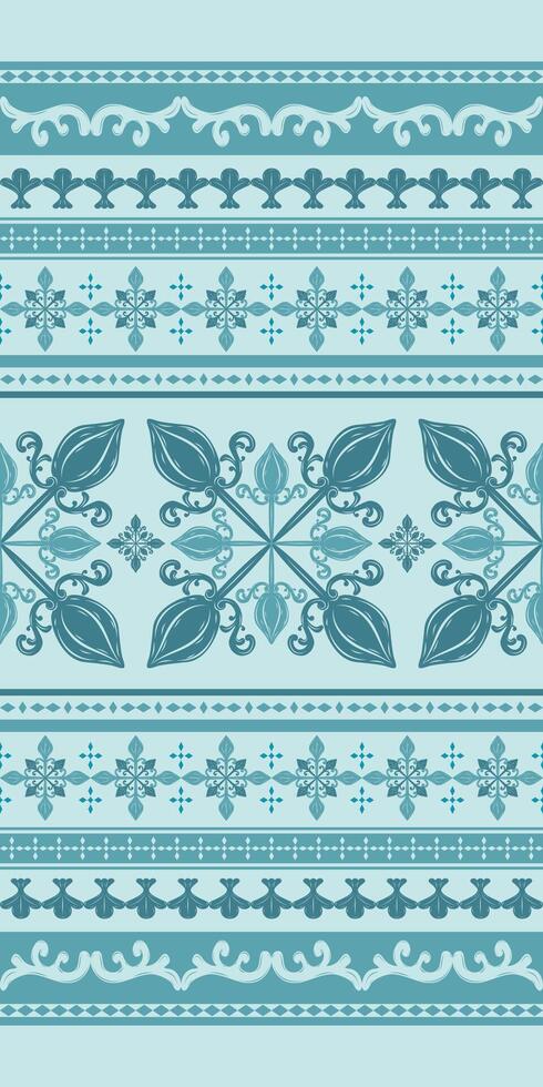 Exquisitely Classic Elegance Pattern. Shining Florals on Sweet Blue with Delicate Rim Geometric combine with fleur-de-lis scroll ornate for Rich Opulence Decoration. Luxury Seamless Border Lace vector
