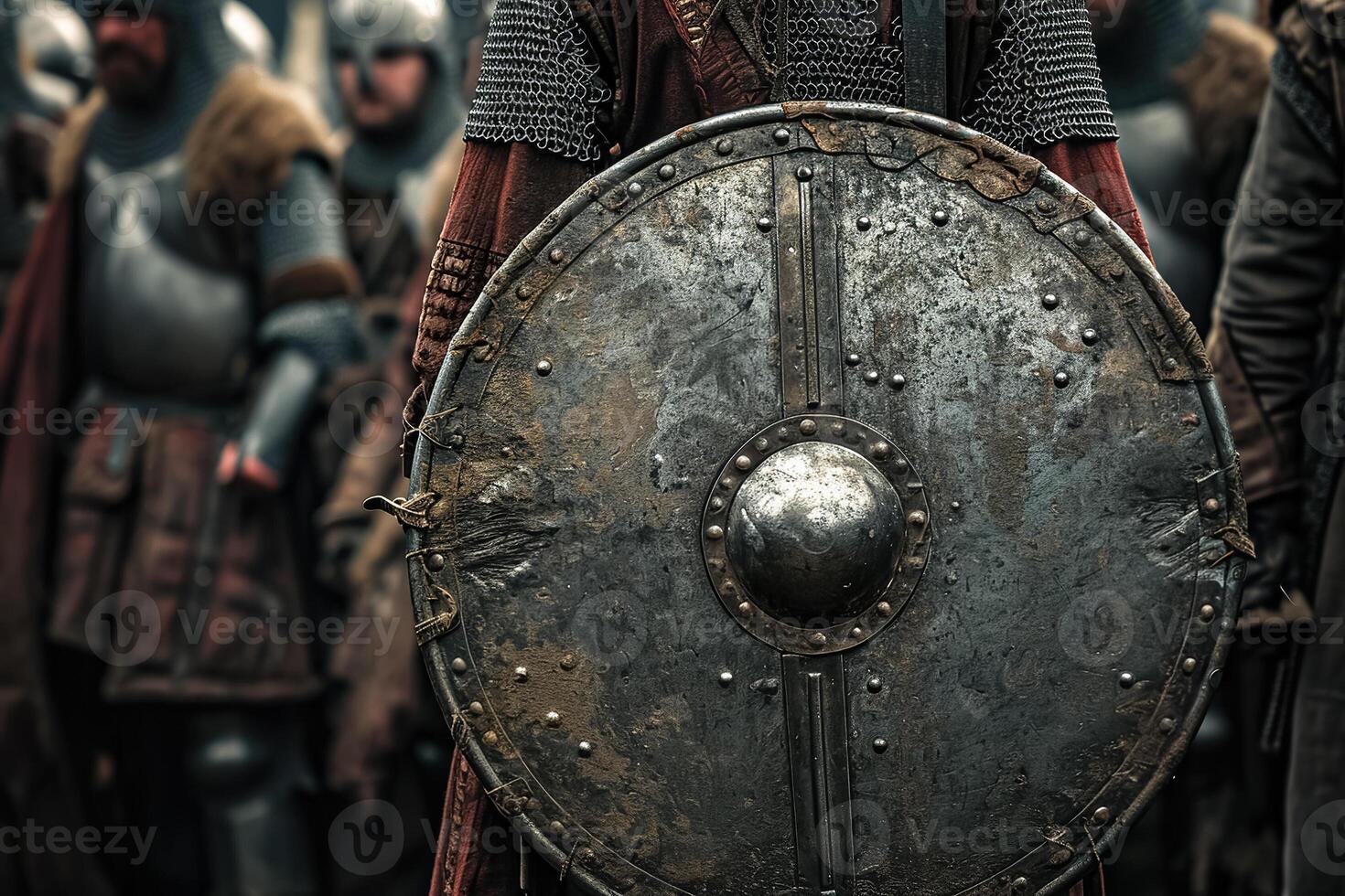 A group of men in armor standing in front of a shield photo