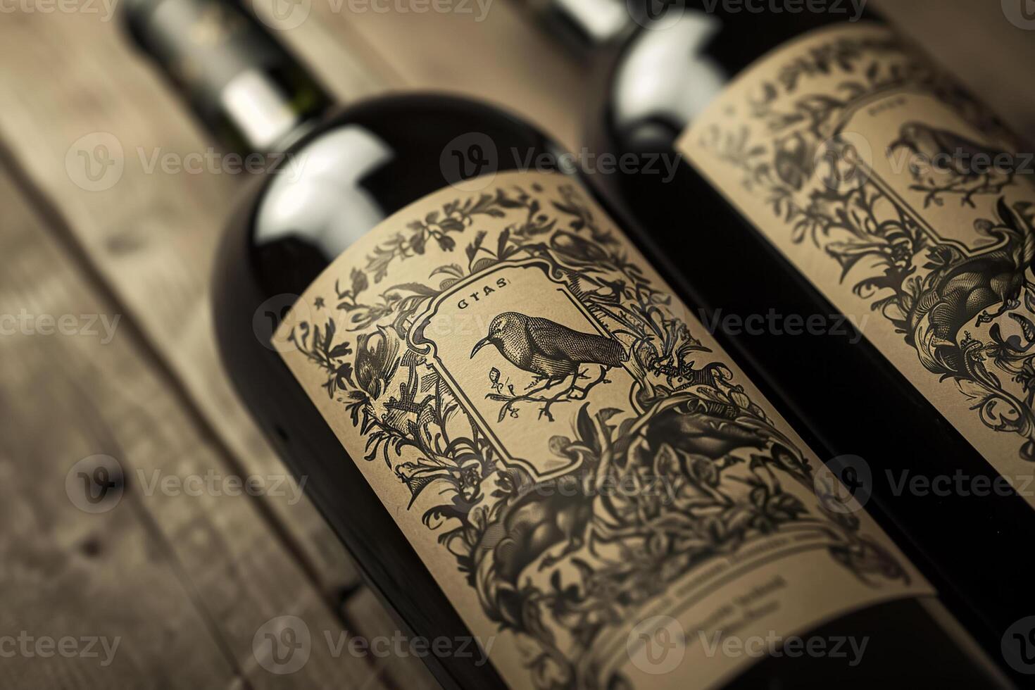 Two bottles of wine with a bird design on them photo