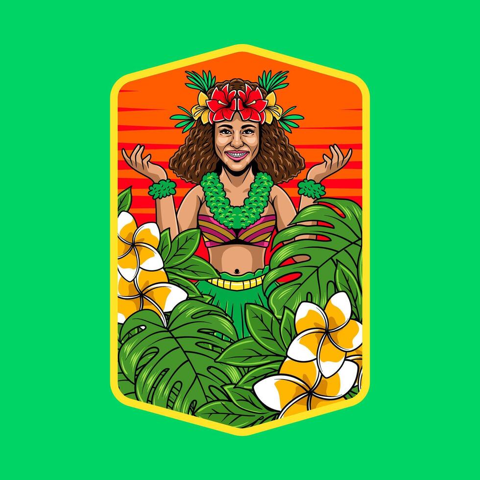 Cute Hula Girl Hawaiian Mascot Cartoon Character Illustration for sticker, badge, patch, banner, greeting card, invitation vector