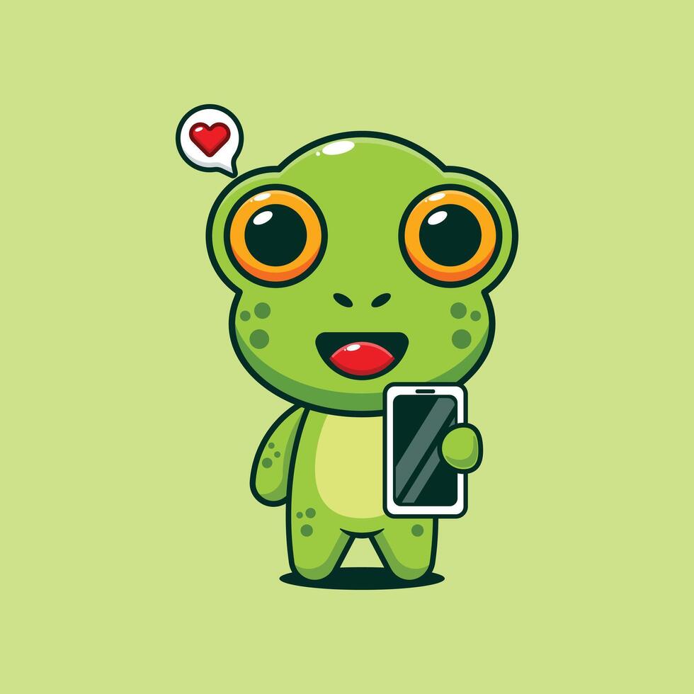 Cute frog with mobile phone cartoon illustration vector