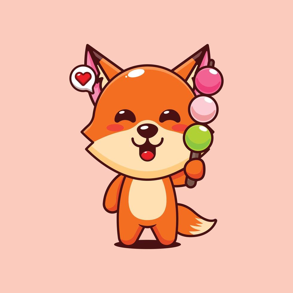 Cute fox eating dango cartoon illustration vector