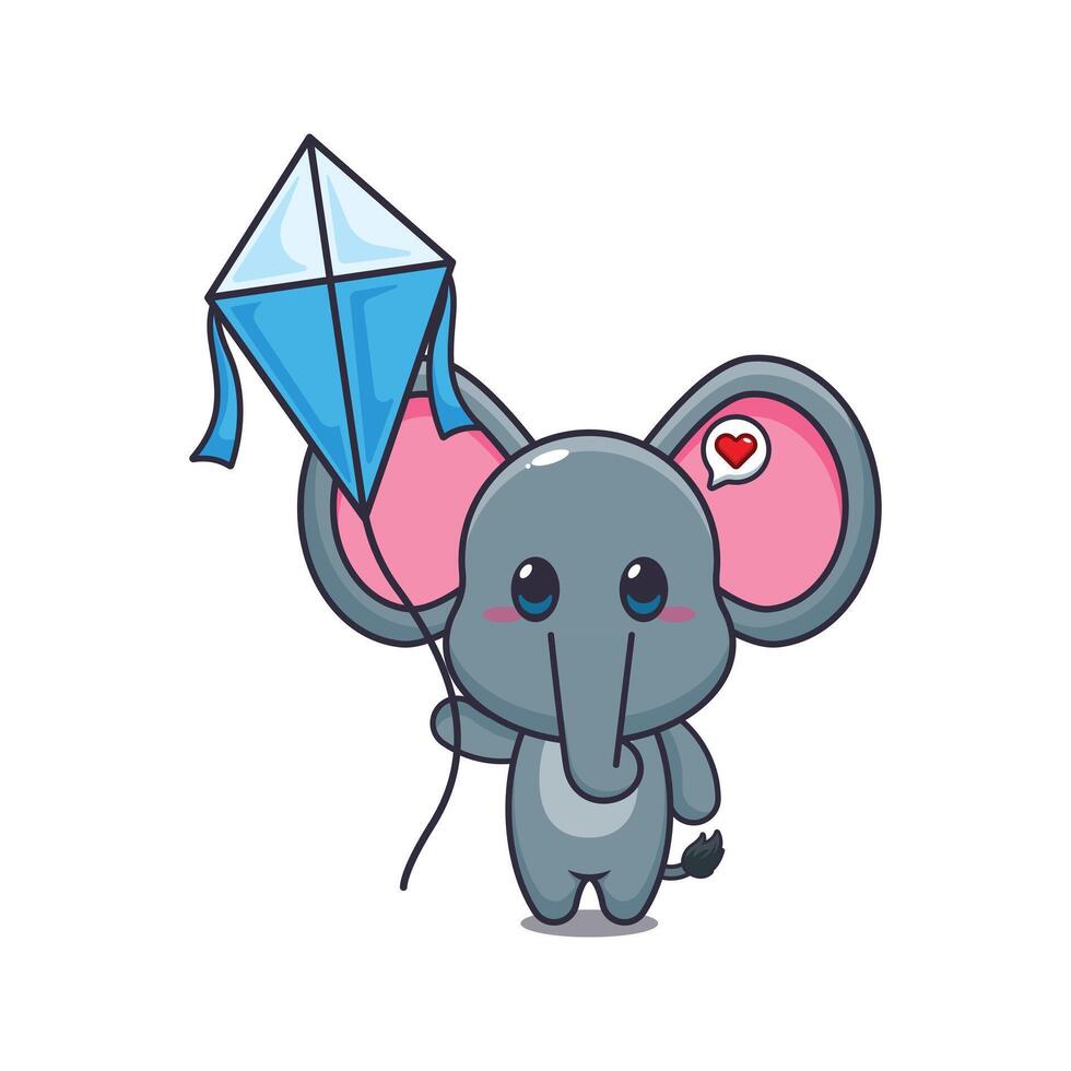 Cute elephant playing kite cartoon illustration vector
