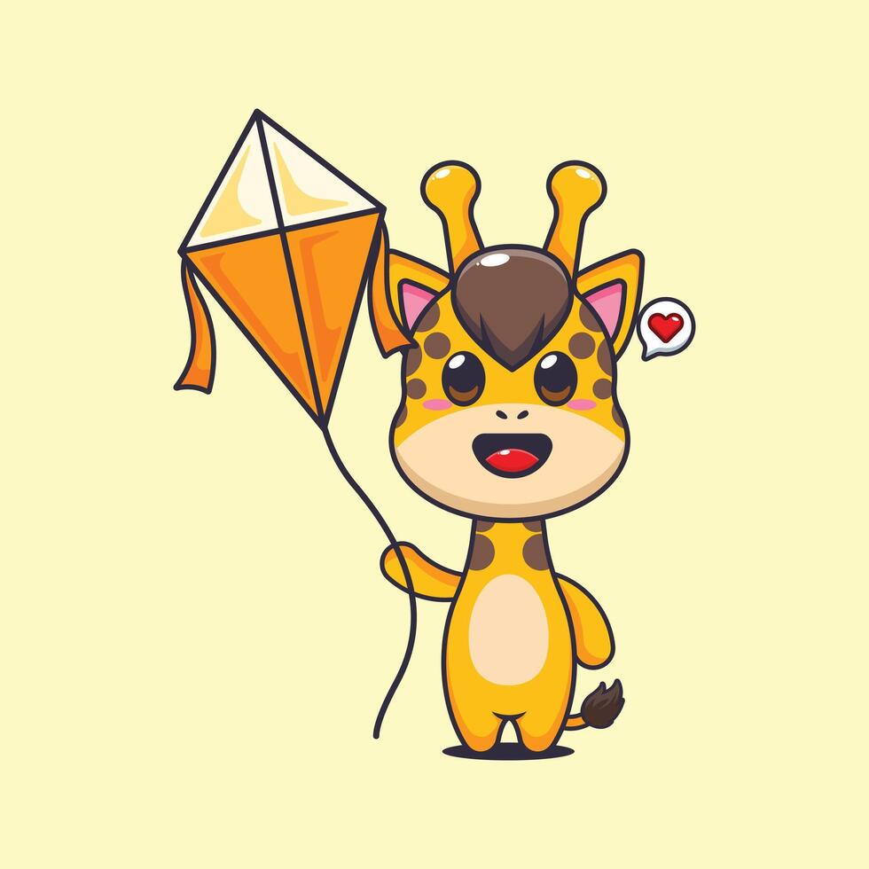 Cute giraffe playing kite cartoon illustration vector