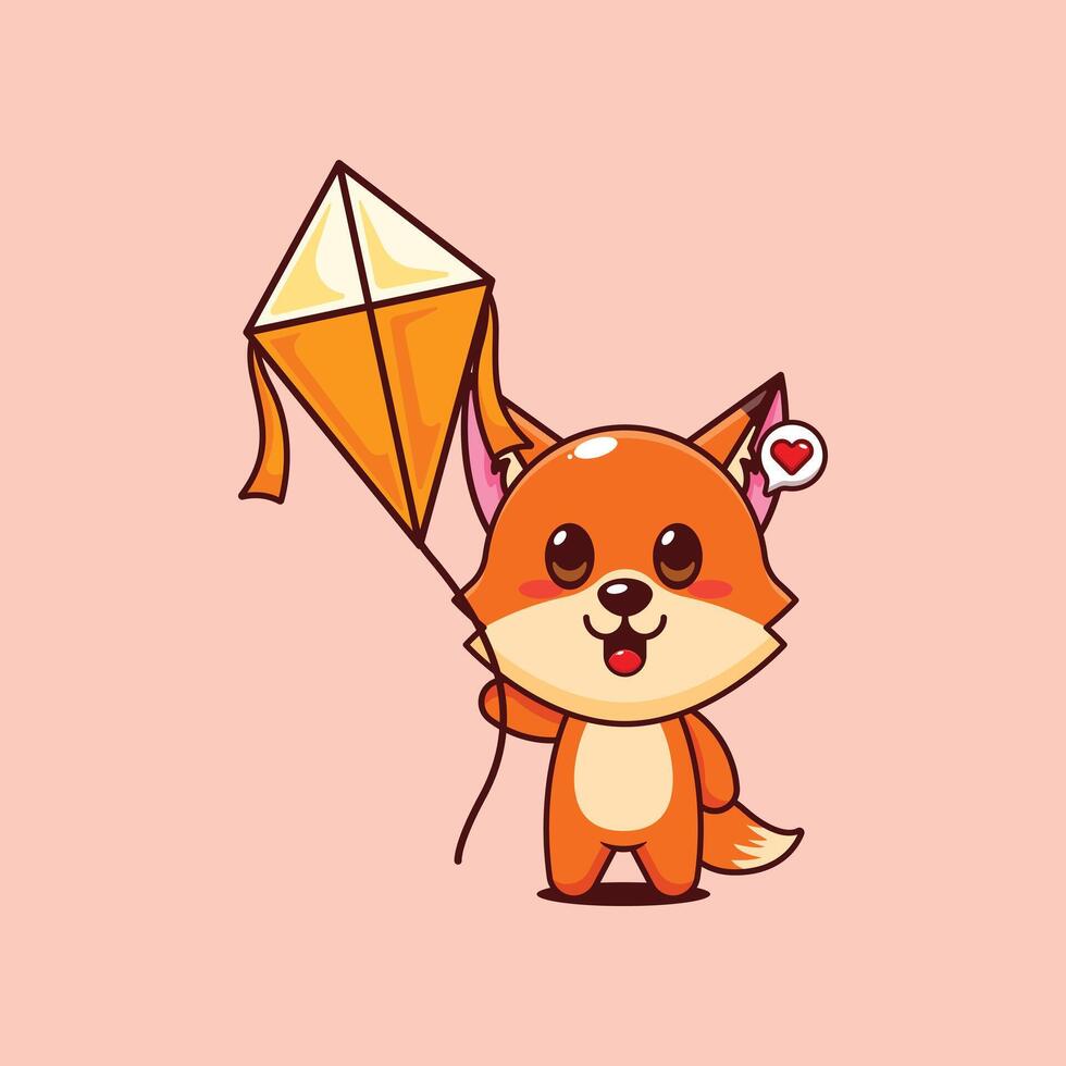 Cute fox playing kite cartoon illustration vector