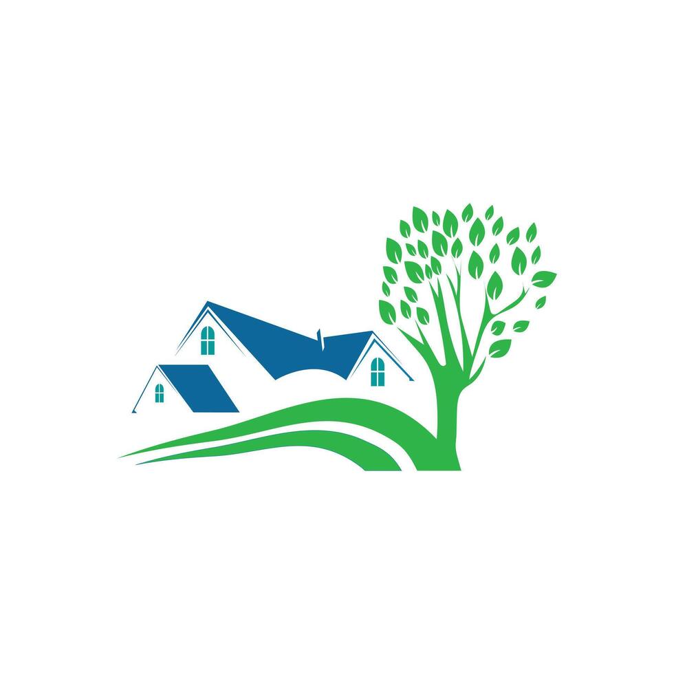 Charming house on a green hill with pines and birds vector