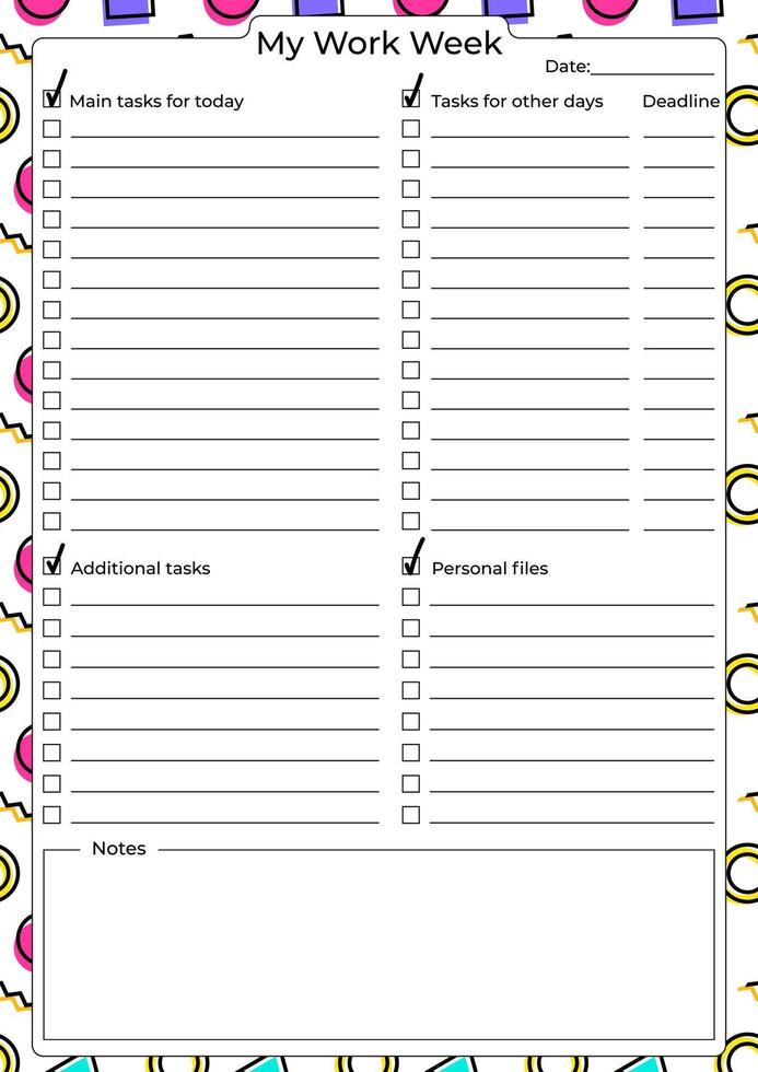 A colorful weekly task planner with sections for main tasks, additional tasks, personal files, and deadlines. vector