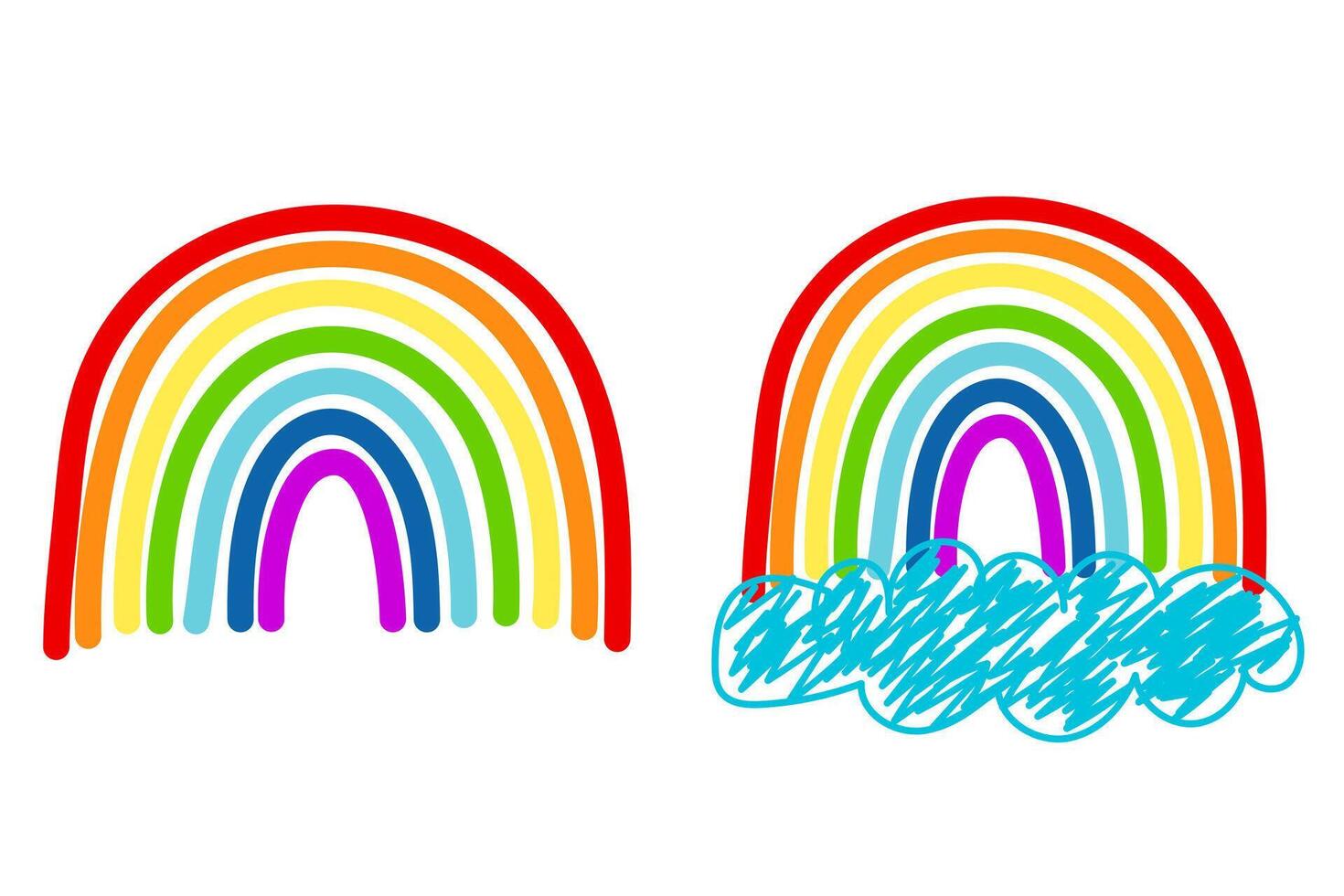 Vibrant hand-drawn rainbow with bold curved lines in multiple colors on a white background and cloud. vector