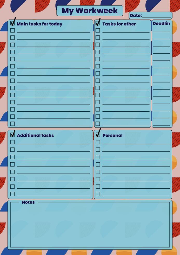 A colorful weekly task work planner with sections for main tasks, additional tasks, personal tasks, deadlines, and notes. vector