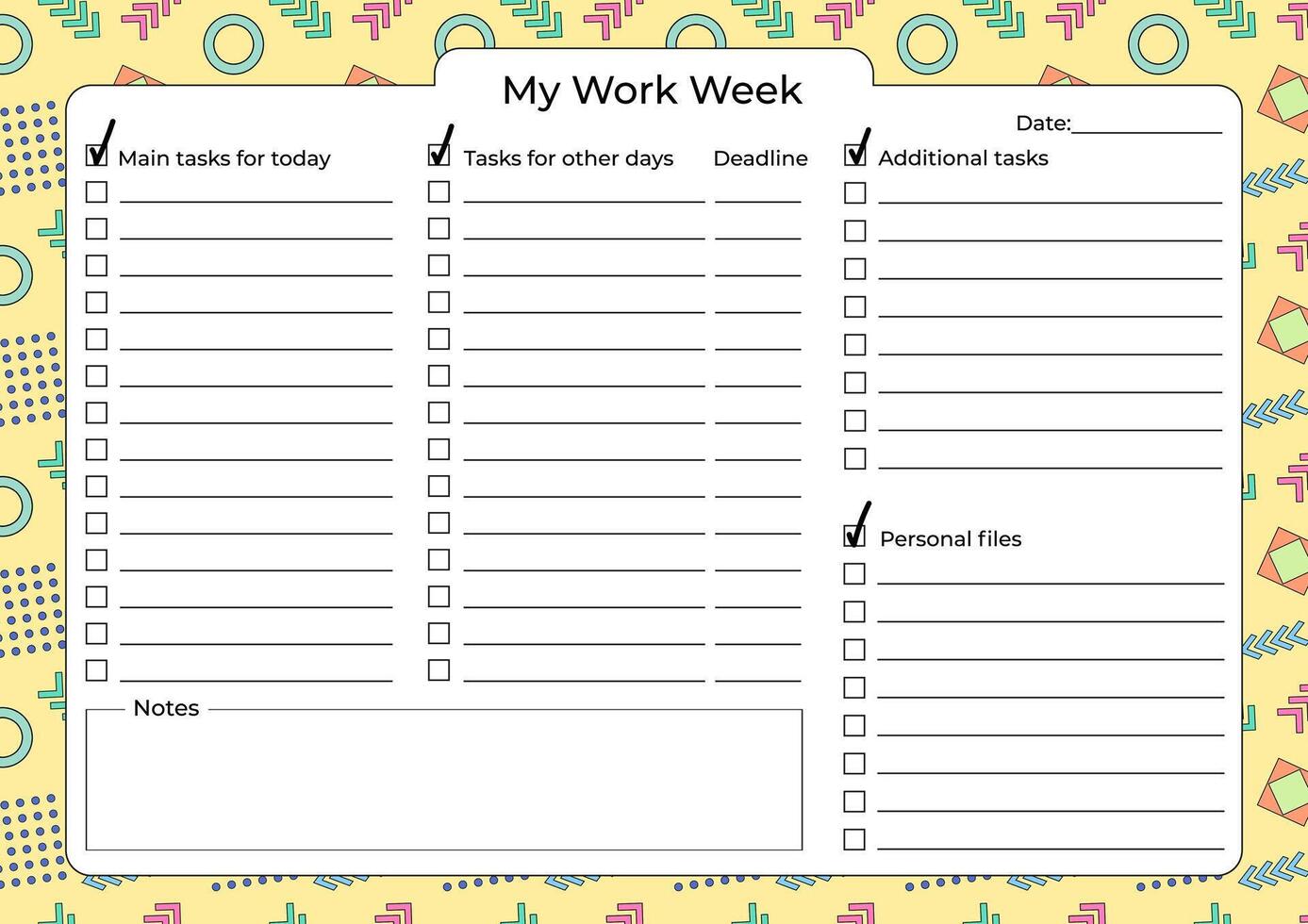 Printable weekly work planner with task checklists, deadlines, and notes section on a colorful geometric background. vector