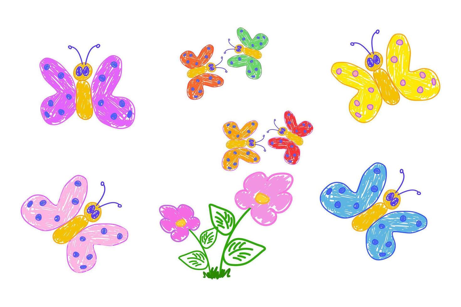 Playful hand-drawn butterflies in bright colors fluttering around pink flowers on a white background. vector