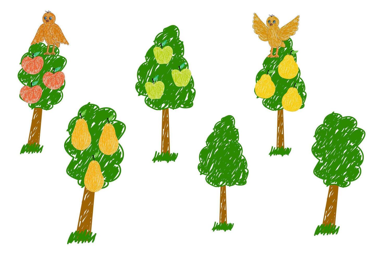 Colorful hand-drawn fruit trees with apples and pears, featuring birds and floating fruits on a white background. vector