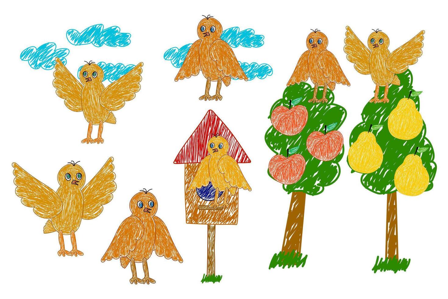 Colorful hand-drawn birds perched on trees, flying, and resting near a birdhouse, with fruit trees and clouds in the background. A set of birds. vector